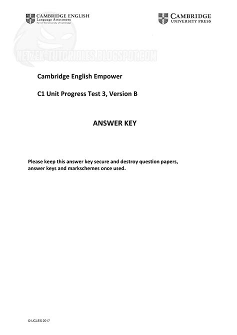 <b>Cambridge</b> <b>English</b> <b>Empower</b> <b>C1</b> Unit <b>Progress</b> <b>Test</b> 2 <b>ANSWER</b> KEY Please keep this <b>answer</b> key secure and destroy question papers, <b>answer</b> keys and markschemes once used. . Cambridge english empower c1 progress test answers